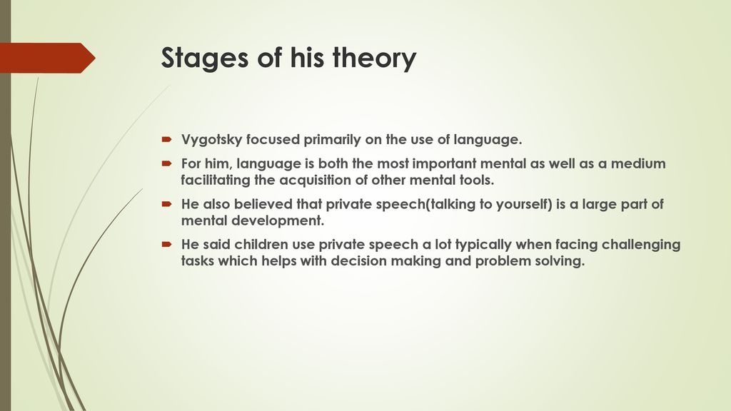 Stages of his theory Vygotsky focused primarily on the use of language.