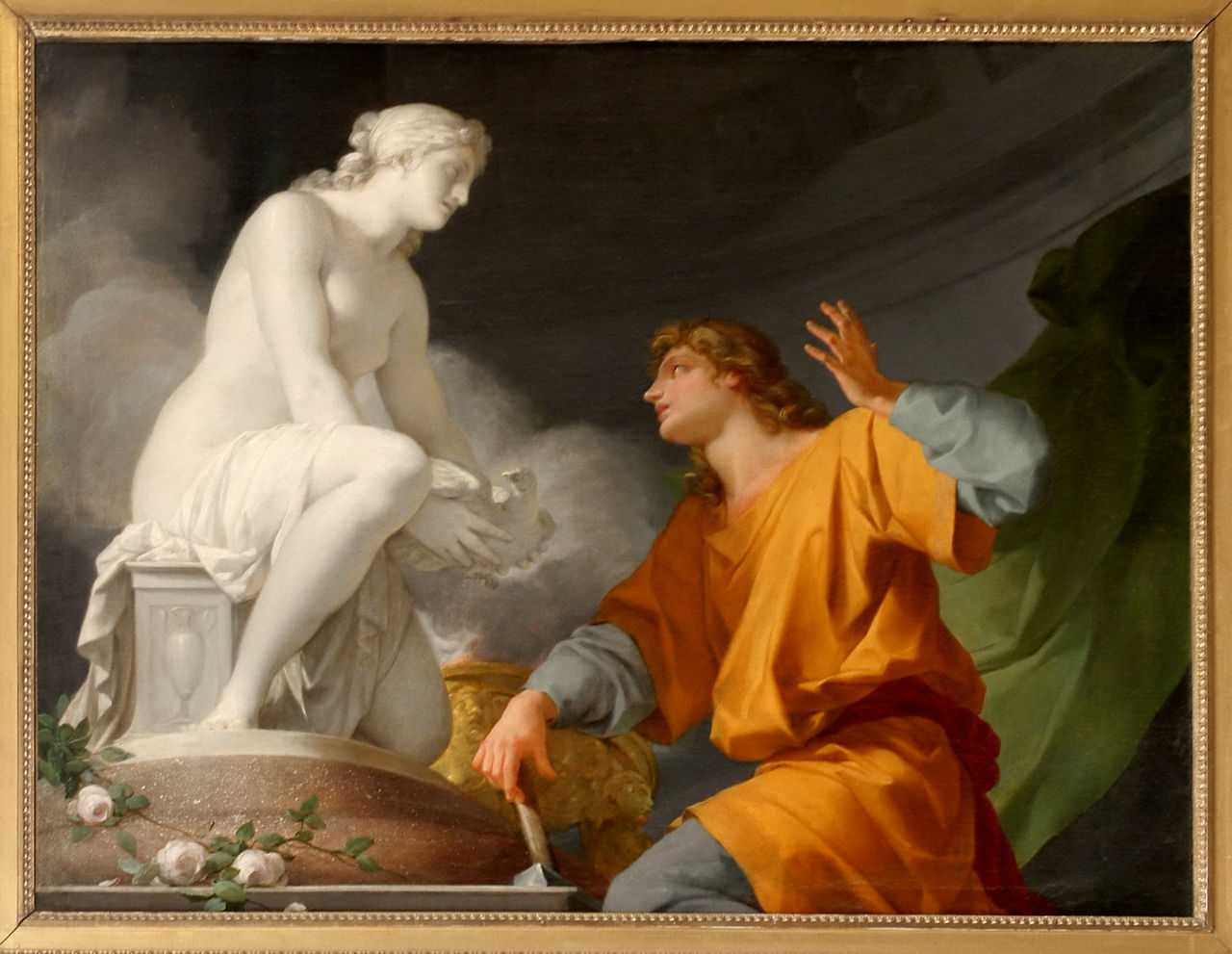 Pygmalion talking to the statue of Galatea, before she became human.